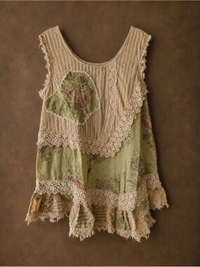 Vintage-Inspired Sage Floral Patchwork Tank Top